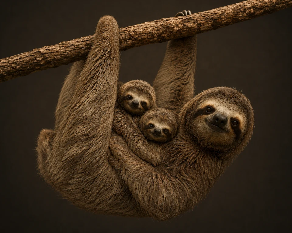 A family of sloths hanging together from a branch